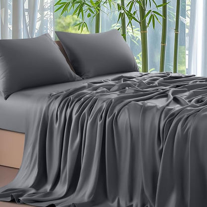 Shilucheng 100% Viscose Derived from Bamboo_ Sheets Cal King Size 4pcs - Ultra Cooling & Silky Soft Bed Sheets, 16" Deep Pocket, Perfect for Hot Sleepers, Hotel Bedding Sheets (Dark Grey)