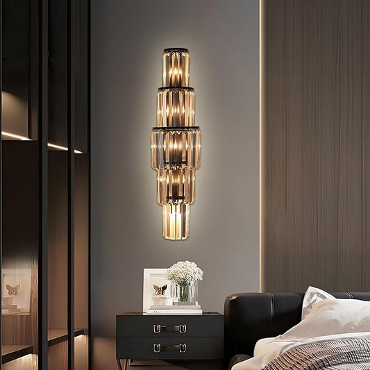 29.5 inch Modern Wall Sconce Crystal Vanity Wall Sconce Lighting 5-Light Black Wall Light Fixtures for Bedroom Living Room Bathroom Hallway