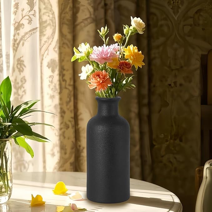 Matte Black Ceramic Vase for Dry Flowers, Modern Minimalist Home Decor 7" Tall, Fits Table,Shelf,Fireplace,Bedroom,Living Room & Kitchen
