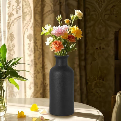 Matte Black Ceramic Vase for Dry Flowers, Modern Minimalist Home Decor 7" Tall, Fits Table,Shelf,Fireplace,Bedroom,Living Room & Kitchen