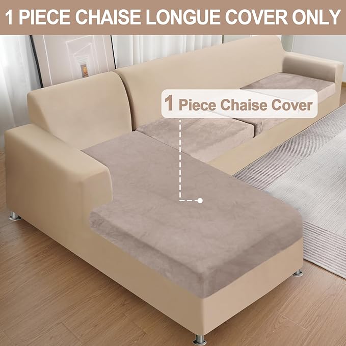 Couch Cover 1 Piece Chaise Lounge Cover Velvet Sectional Couch Cushion Covers Separate L Shape Sofa Slipcovers Furniture Protector for Dogs Pets (Chaise or Sofa 3-Seater, Tan)