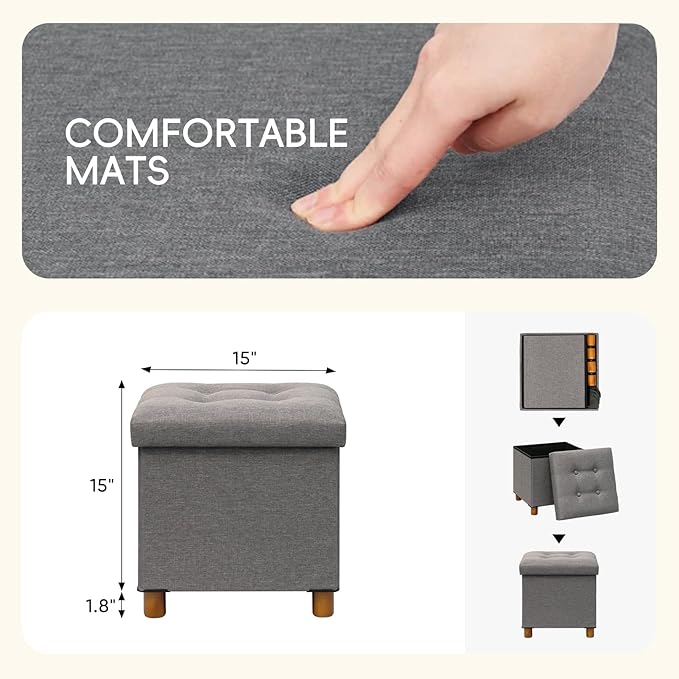 PINPLUS Storage Ottoman Cube, White Linen Footrest with Wooden Legs, Foldable Fabric Footrest, Comfortable Seat with Lid, Ottoman with Storage for Living Room, 15" x 15" x 15"，Grey