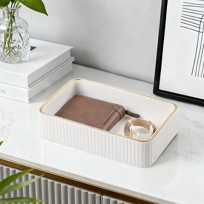 Desk Organizer Tray, PU Leather Valet Tray Nightstand Organizer Cologne Perfume Trays for Men Women, Decorative Vanity Trays Key Bowl Trinket Dish (Ivory, 9.5" x 6" x 2.2")