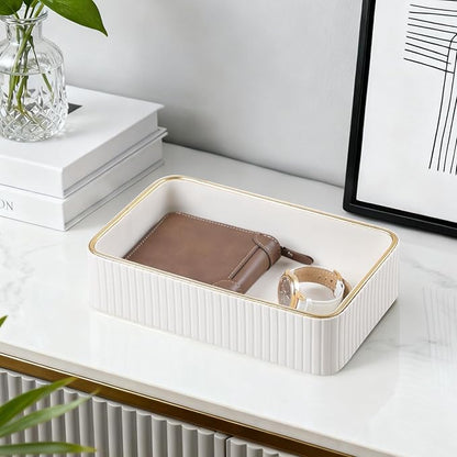 Desk Organizer Tray, PU Leather Valet Tray Nightstand Organizer Cologne Perfume Trays for Men Women, Decorative Vanity Trays Key Bowl Trinket Dish (Ivory, 9.5" x 6" x 2.2")