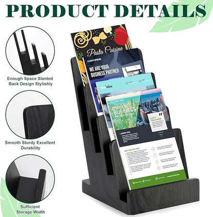 4 Tier Wood Brochure Display Stand 6 x 9 inch Black Brochure Holder Pamphlet Display Stand for 5.5 x 8.5 inch 5 x 7 inch Booklets Menus Postcard Holder Multi Purpose Organizer