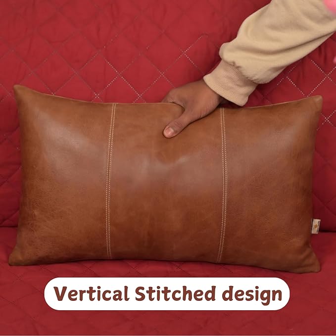 Genuine Lambskin Leather Pillow Cover, 14x22 Inch Case for Lumbar Throw Couch Pillows, Thick & Soft Cushion Covers for Sofa Bed Home Decor (Cognac Brown Plain Pack of 2)