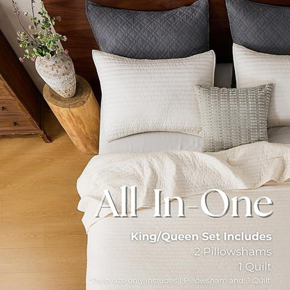 DOWN HOME Cali King Quilt Bedding Set with Shams, Vintage Washed Quilted Blanket Thin Comforter Lightweight Bedspread Coverlet Bed Cover, Brushed Microfiber Stripe Stitching, Linen White, 111"x92"
