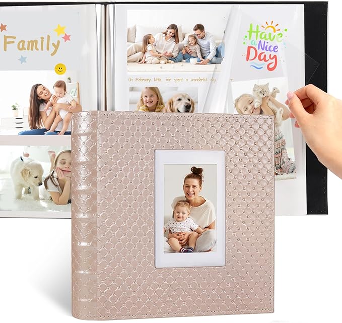 RECUTMS DIY 60 Pages Leather Cover Scrapbook Photo Album 4x6 5x7 8x10 Self Adhesive Photo Album Holds Photos of Any Size Baby Family Wedding Anniversary Albums(Light Pink)