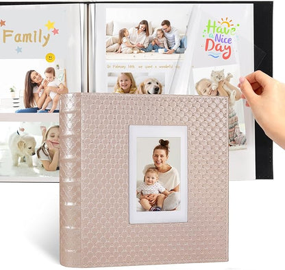 RECUTMS DIY 60 Pages Leather Cover Scrapbook Photo Album 4x6 5x7 8x10,Self Adhesive Photo Album Holds Photos of Any Size Baby Family Wedding Anniversary Albums(Light Champagne)