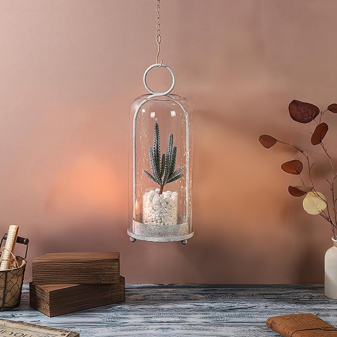 16" High Versatile Modern Metal Hurricane Lantern with Handmade Sturdy Glass Dome in Vintage White for Pillar Candle & Plants, Industrial, Farmhouse, Shabby Chic