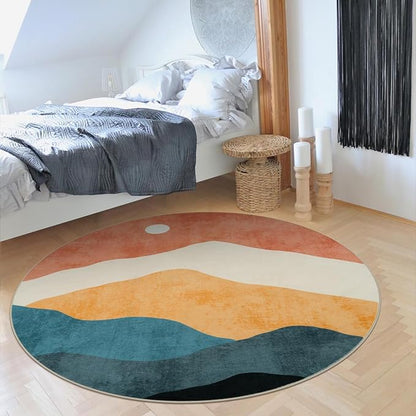 6 ft Abstract Round Rugs for Bedroom, Washable Non-Slip Circle Rug, Soft Colorful Low-Pile Floor Mat, Chic Faux Wool Large Rug, Indoor Throw Rugs for Living Room, Kidsroom