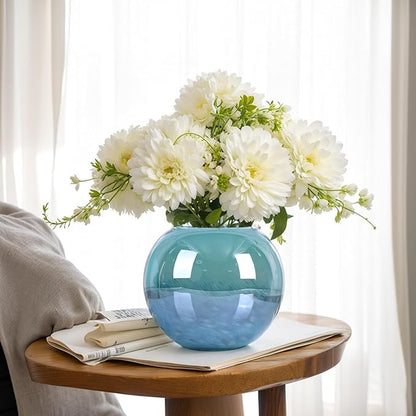 7.1" Teal Glass Vase for Flowers, Hand Blown Gradient Decorative Vase for Home Decor, Centerpiece, Dining Table, Shelf, Mantel, Bathroom, Entryway, Countertop, Gift for Friends