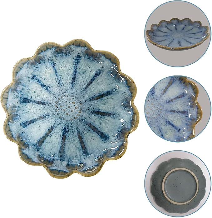 Lotus Ceramic Jewelry Tray, Small Trinket Jewelry Ring Holder Organizing Dish, for Parents Daughter Friends Sister, Birthday Gifts for Women, Retro Blue & Pink