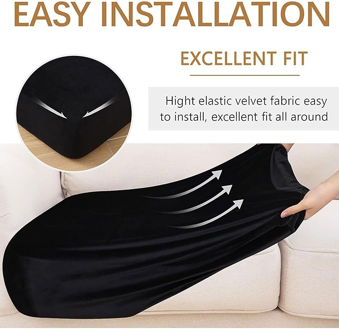hyha Velvet Couch Cushion Covers, Soft Sofa Seat Covers for sectional Cushion Couch Washable, Magic Sofa Slipcover with Elastic Bottom, Non-Slip Furniture Protector for Pets, Kid(Small, Black)