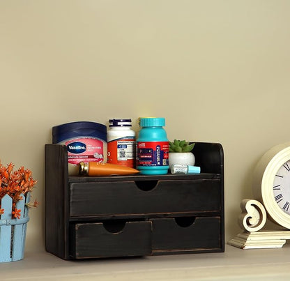 Vintage Rustic Wooden 3 Drawer with Shelf Office Desk Organizer & Mail Rack For Desktop,Box for Office Home Toiletries Supplies Vanity, No Assembly Required (Rustic Black)
