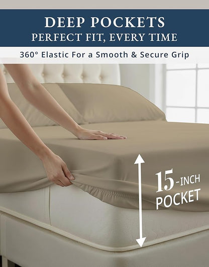 100% Egyptian Cotton Queen Size Sheets – 15" Deep Pocket Queen Sheet Set, Silky Sateen Weave for Winter Comfort, Breathable & Fade Resistant, Ultra-Soft Luxury Bedding for Holiday Home Décor - Linen
