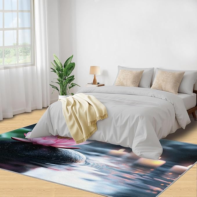 Zen Stones Washable Area Rug 4x5, Pink Petals Soft Rugs for Living Room Recuperative Spa Carpet Area Rugs for Bedroom Dining Room Non-Slip Stain Resistant Rug