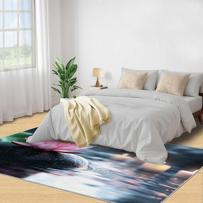 Zen Stones Washable Area Rug 4x5, Pink Petals Soft Rugs for Living Room Recuperative Spa Carpet Area Rugs for Bedroom Dining Room Non-Slip Stain Resistant Rug