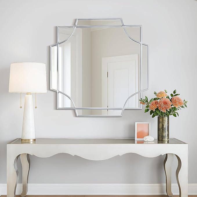 30"×30" Square Silver Wall Mirror, Decorative Geometric Accent Mirror with Wood Frame, Art Deco Style for Entryway, Living Room, Bathroom