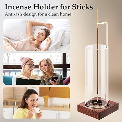Incense Holder,Wooden Incense Holder for Sticks with 20 Incense Sticks, Anti-ash Incense Burner with Glass Ash Catcher, Wood Incense Holder 20 Stick (2 Pack Wooden Round)