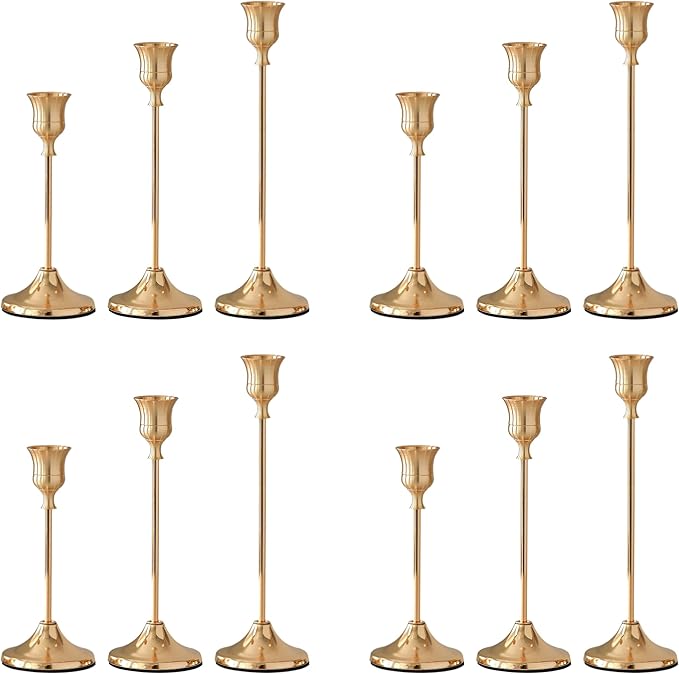 Taper Candle Holders, Tall Vintage Metal Candlestick Holders, 12 PCS Brass Gold Candle Sticks Holders for Home Decor Table Centerpiece Wedding Housewarming Festival, Rose Gold, 4 Sets (12 pcs)