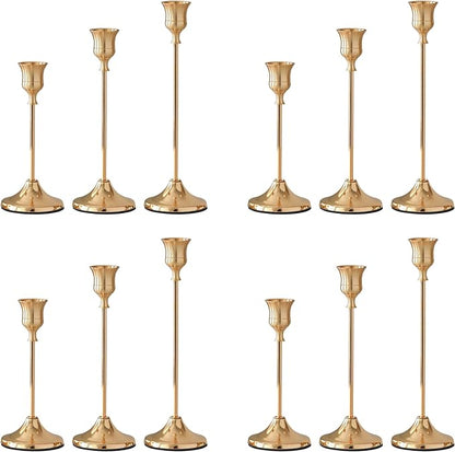 Taper Candle Holders, Tall Vintage Metal Candlestick Holders, 12 PCS Brass Gold Candle Sticks Holders for Home Decor Table Centerpiece Wedding Housewarming Festival, Rose Gold, 4 Sets (12 pcs)