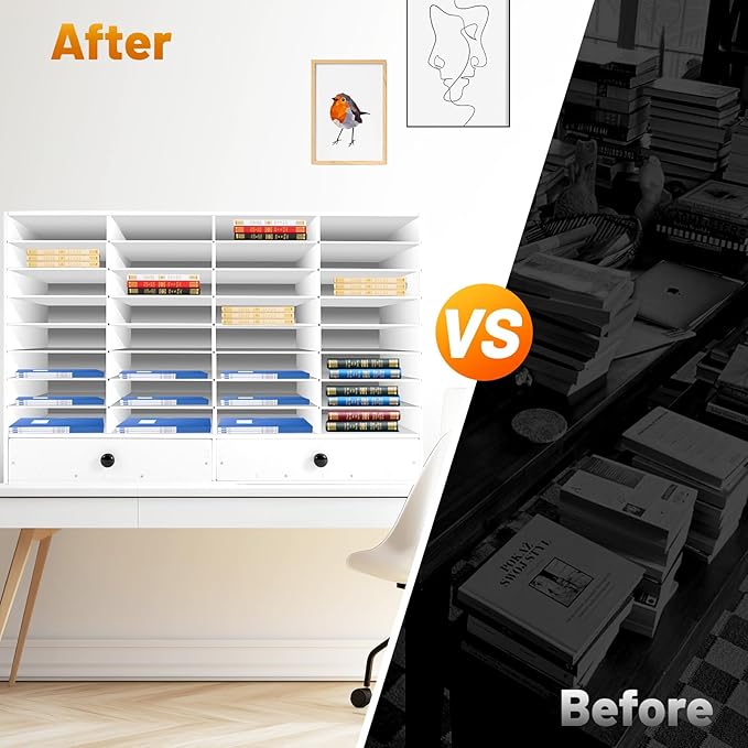 Literature Organizer with 32 Compartments | Adjustable Desktop File Sorter Mail Center for Home, Office & Classroom | PVC Paper Storage Cabinet with 2 Drawers and Shelves, White