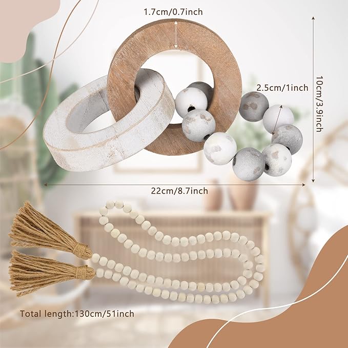 2 Pieces Decorative Wood Knot Link Chain Decor and Bead Garland Set Farmhouse Aesthetic Natural Wooden Knot Chain Link Wood Bead for Boho Country Home Table Decor(Retro Colors)