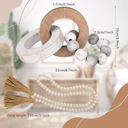 2 Pieces Decorative Wood Knot Link Chain Decor and Bead Garland Set Farmhouse Aesthetic Natural Wooden Knot Chain Link Wood Bead for Boho Country Home Table Decor(Retro Colors)