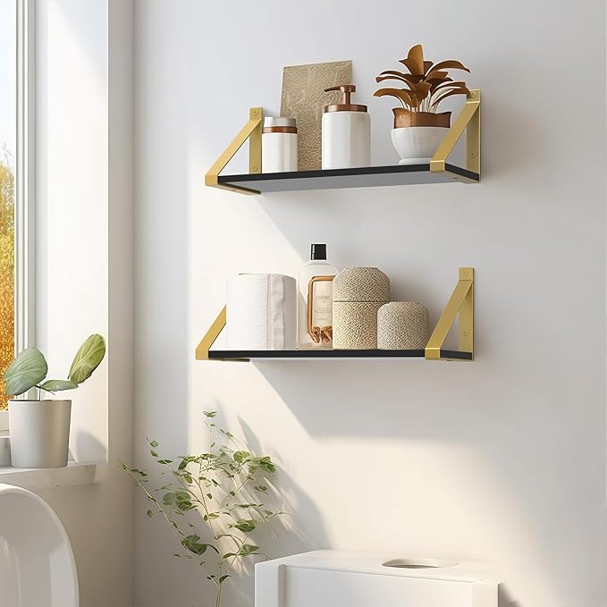 Gold Black Floating Shelves Wall Mounted Set of 2, 8mm Transparent Acrylic, Invisible Wall Shelves for Bedroom, Living Room, Bathroom, Kitchen, Office Display Decor (13in)
