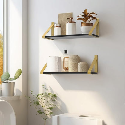 Gold Black Floating Shelves Wall Mounted Set of 2, 8mm Transparent Acrylic, Invisible Wall Shelves for Bedroom, Living Room, Bathroom, Kitchen, Office Display Decor (13in)