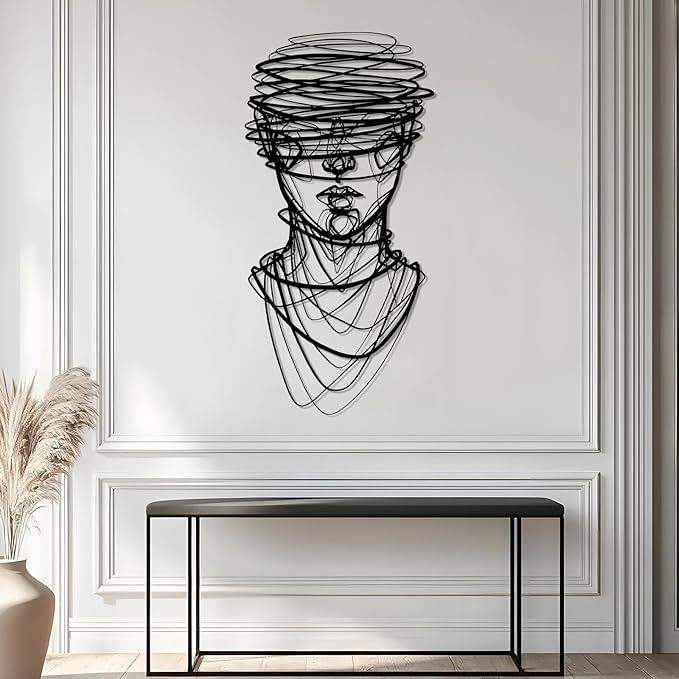 vinwipe Abstract Face Metal Wall Art, Metal Abstract Line Wall Decor, Minimalist Line Wall Hanging, Modern Geometric Wall Art for Bathroom (Black, 35"x18"/90x45cm)