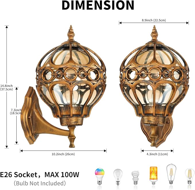 Gold Outdoor Wall Light Fixtures, Globe Exterior Aluminum Waterproof Porch Lights, Sphere Anti-Rust Outside Lantern Wall Mount with Amber Glass for Patio Backyard Garage Doorway Front Door