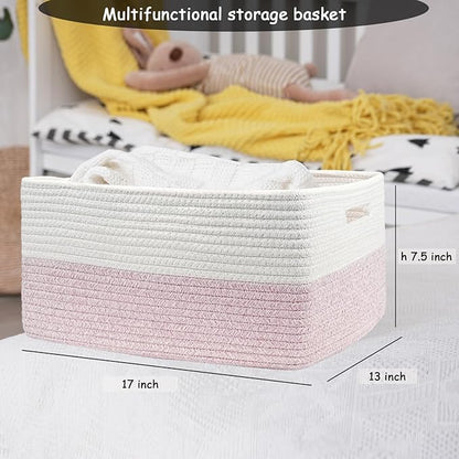 COMFY-HOMI 2 pcs Large Storage Baskets for Shelves, Laundry Basket, Woven Rope Basket, Closet Organizer Bins for Clothes Blanket Towels, Baby Nursery, Gift Toy Baskets, 17” x 13” x 7.5”-White/Pink