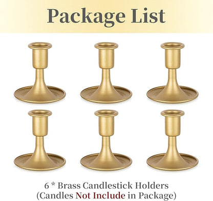Gold Taper Candle Holder Set of 6, Hewory Short Skinny Brass Candlestick Holders, Vintage Small Low Metal Candles Sticks for Wedding Centerpieces Christmas Birthday Party Holiday Dinning Table Decor