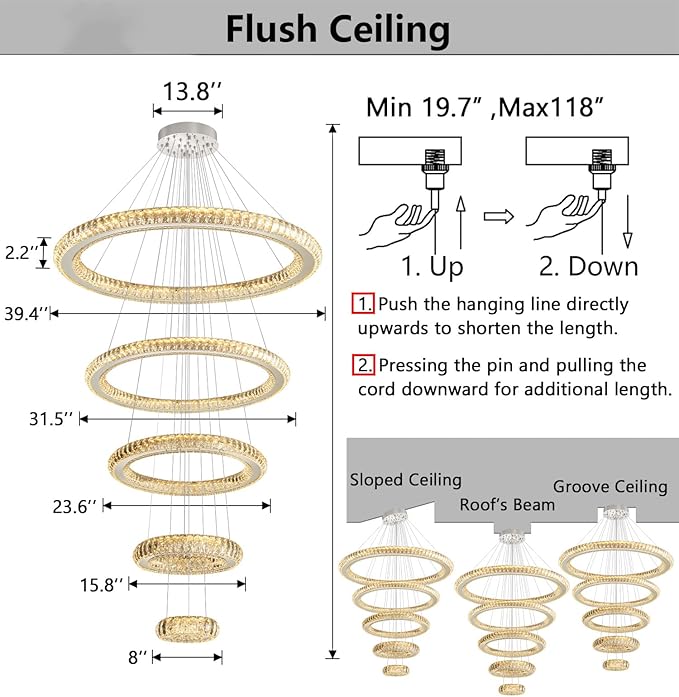 Modern Chandelier 8"+16"+24"+32"+40" 5 Rings Crystal LED Dimmable Lighting Foyer Entryway High Ceiling Living Room Chanderliers Pendant Lights Fixtures Silver Light