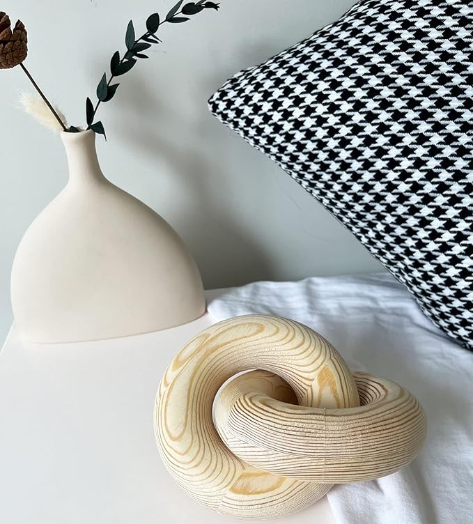 Double Ring Chain Link Decor - 2-Link Wood Knot, Hand Carved Pine Boho Bead, Suitable for Bedroom, Living Room, Coffee Shop Decoration (Wood Color)