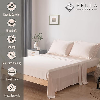 Bella Coterie 6 Piece Luxury Bamboo Viscose Split Top King Size Sheet Set | 34" Split for Adjustable Beds | 100% Organically Grown| Cooling | 18” Deep Pocket | 4 Pillowcases [Champagne]