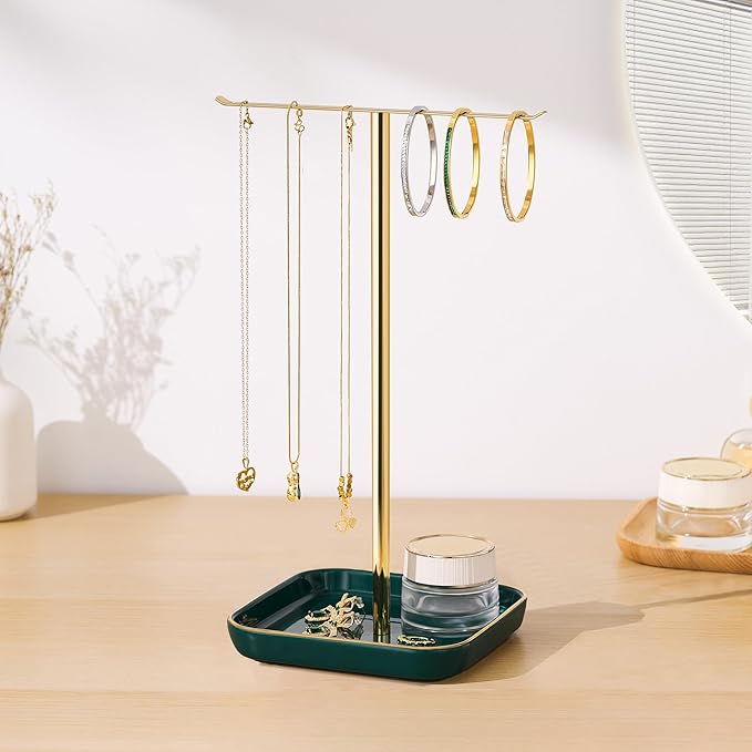 pickpiff Jewelry Holder Stand with Ceramic Base: 12" Tall Necklace Organizer Rack, Tree Design Display Storage for Necklaces, Bracelets, Rings