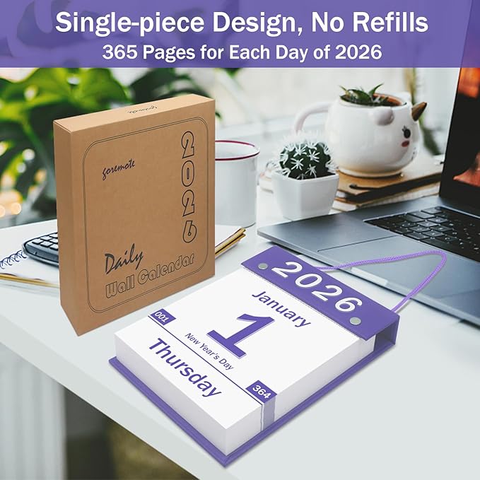2026 Daily Wall Calendar, Page per Day with Large Print Dates, 365 Day Tear off Wall Calendar for Seniors Gift Home Office School Dorms, 8.5" x 6", Tear Away Calendars with Hanging String, Purple
