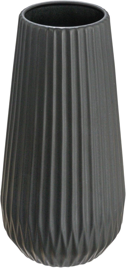 Bloomingville Round Stoneware Fluted Vase with Embossed Lines, Matte Black