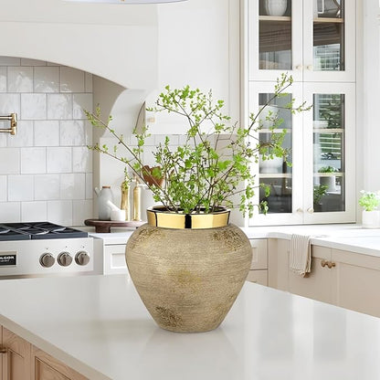 Rustic Ceramic Vase with Gold Rim – 9" Decorative Flower Vases for Living Room, Dining Table Centerpiece & Shelf Décor – Modern Farmhouse, Boho & Contemporary Home Accents