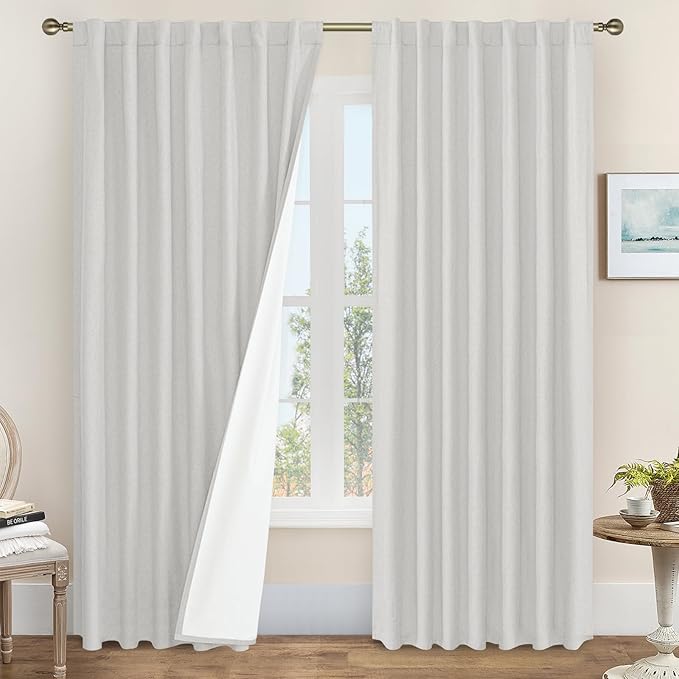 LAMIT 100% Blackout Linen Curtains 84 Inches Long, Linen Textured Living Room Farmhouse Curtains Full Room Darkening Back Tab and Rod Pocket Panels with White Liner, 2 Panels, Light Grey, 60 x 84 Inch