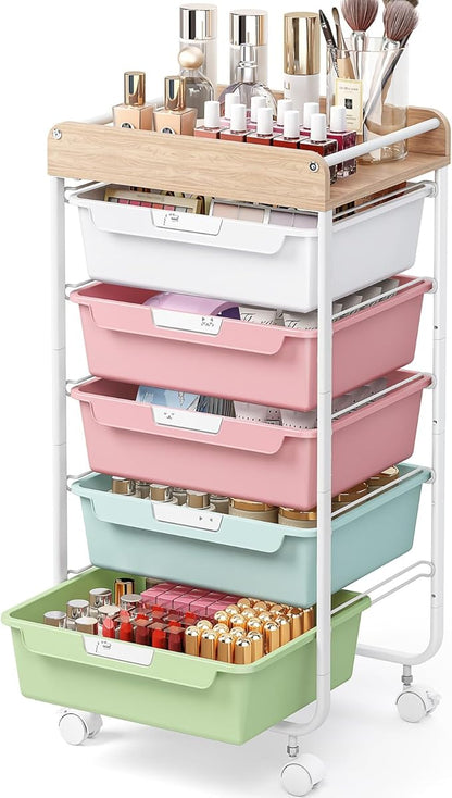 Rolling Storage Utility Cart With 5 Drawers,Craft Cart with Wheels,Makeup Organizer,Art Supply And Storage Wooden Tabletop,Rainbow