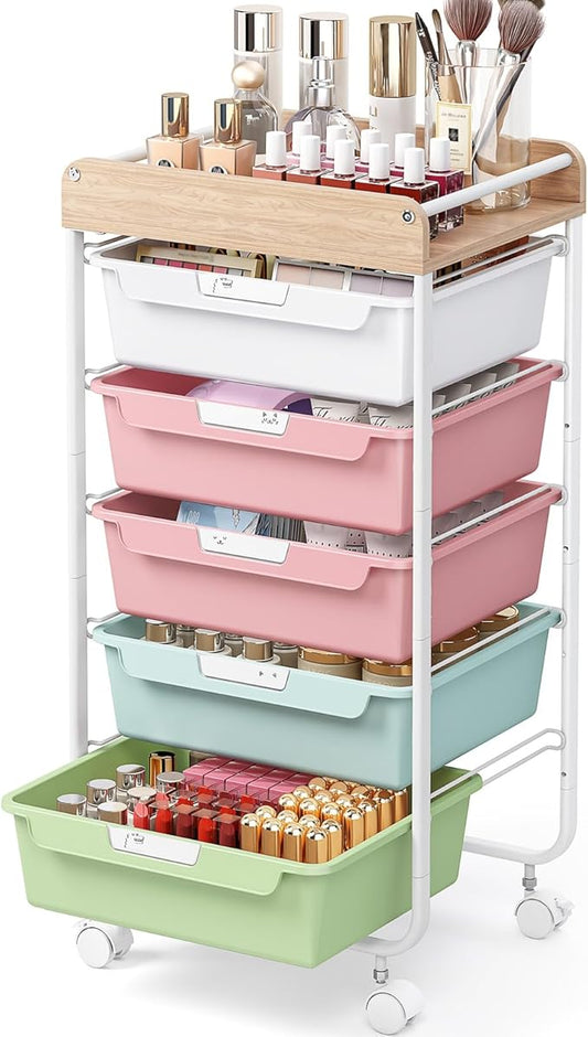 Rolling Storage Utility Cart With 5 Drawers,Craft Cart with Wheels,Makeup Organizer,Art Supply And Storage Wooden Tabletop,Rainbow