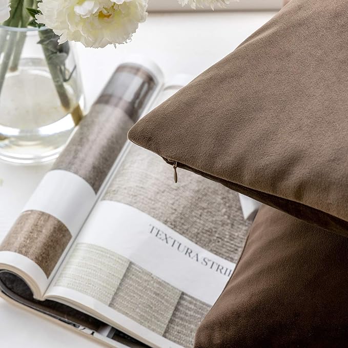 Phantoscope Pack of 2 Velvet Decorative Throw Decorative Pillow Cover Soft Solid Square Cushion Case for Couch Dark Coffee 18 x 18 inches 45 x 45 cm