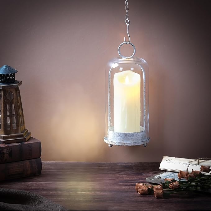 12" High Versatile Modern Metal Hurricane Lantern with Handmade Sturdy Glass Dome in Shabby White for Pillar Candle & Plants, Industrial, Farmhouse (White Shabby, 5"x12")