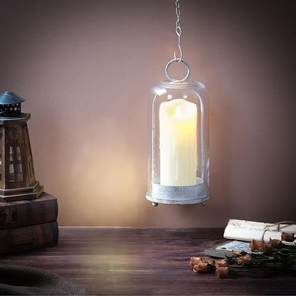 12" High Versatile Modern Metal Hurricane Lantern with Handmade Sturdy Glass Dome in Shabby White for Pillar Candle & Plants, Industrial, Farmhouse (White Shabby, 5"x12")
