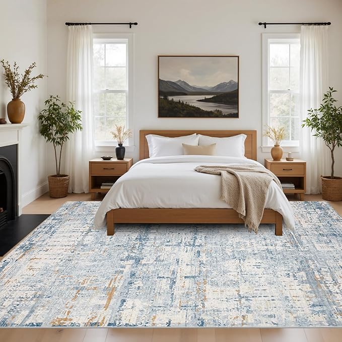 Blue 8x10 Area Rugs,Large Soft Rugs for Living Room, Blue Washable Rug, Modern Abstract Rugs for Bedroom Dining Room, Non-Slip Foldable Thin Indoor Carpet Stain Resistant(Blue Beige)
