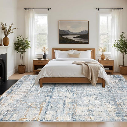 Blue 8x10 Area Rugs,Large Soft Rugs for Living Room, Blue Washable Rug, Modern Abstract Rugs for Bedroom Dining Room, Non-Slip Foldable Thin Indoor Carpet Stain Resistant(Blue Beige)